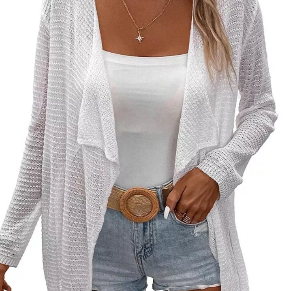 Womens Lightweight Crochet Cardigan Sweater Rib Knit Open Front Sweater - small
